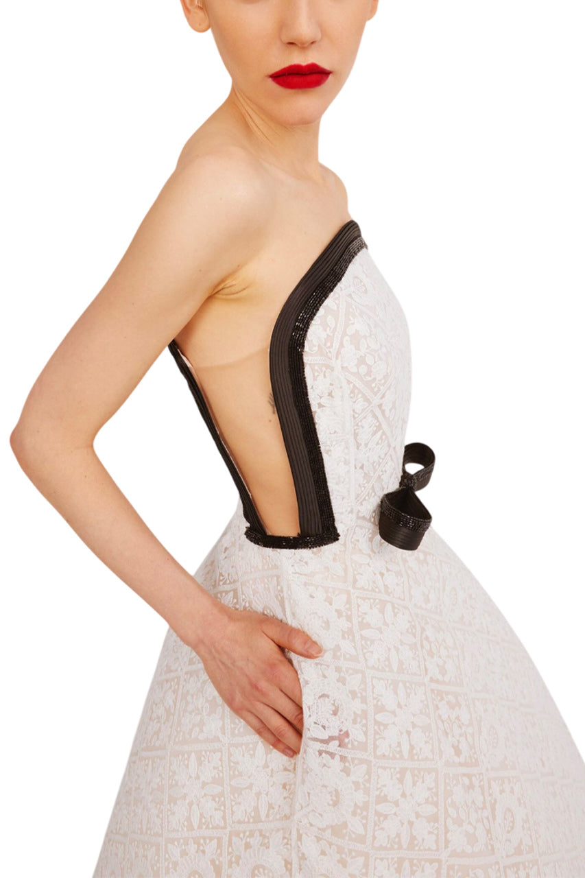 LACE BALL DRESS WITH BLACK TRIM AND SIDE POCKETS