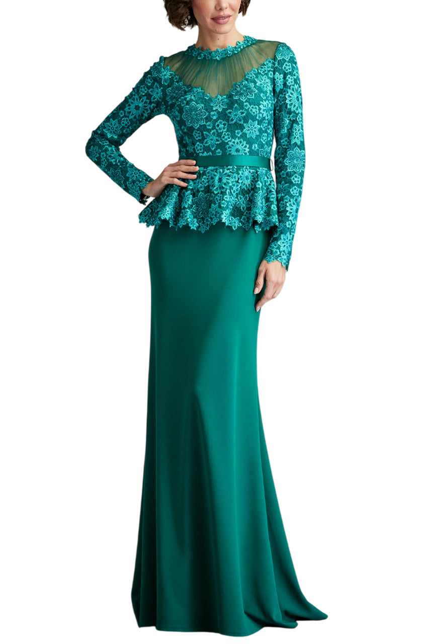 LATA EMBROIDERED BELTED PEPLUM GOWN