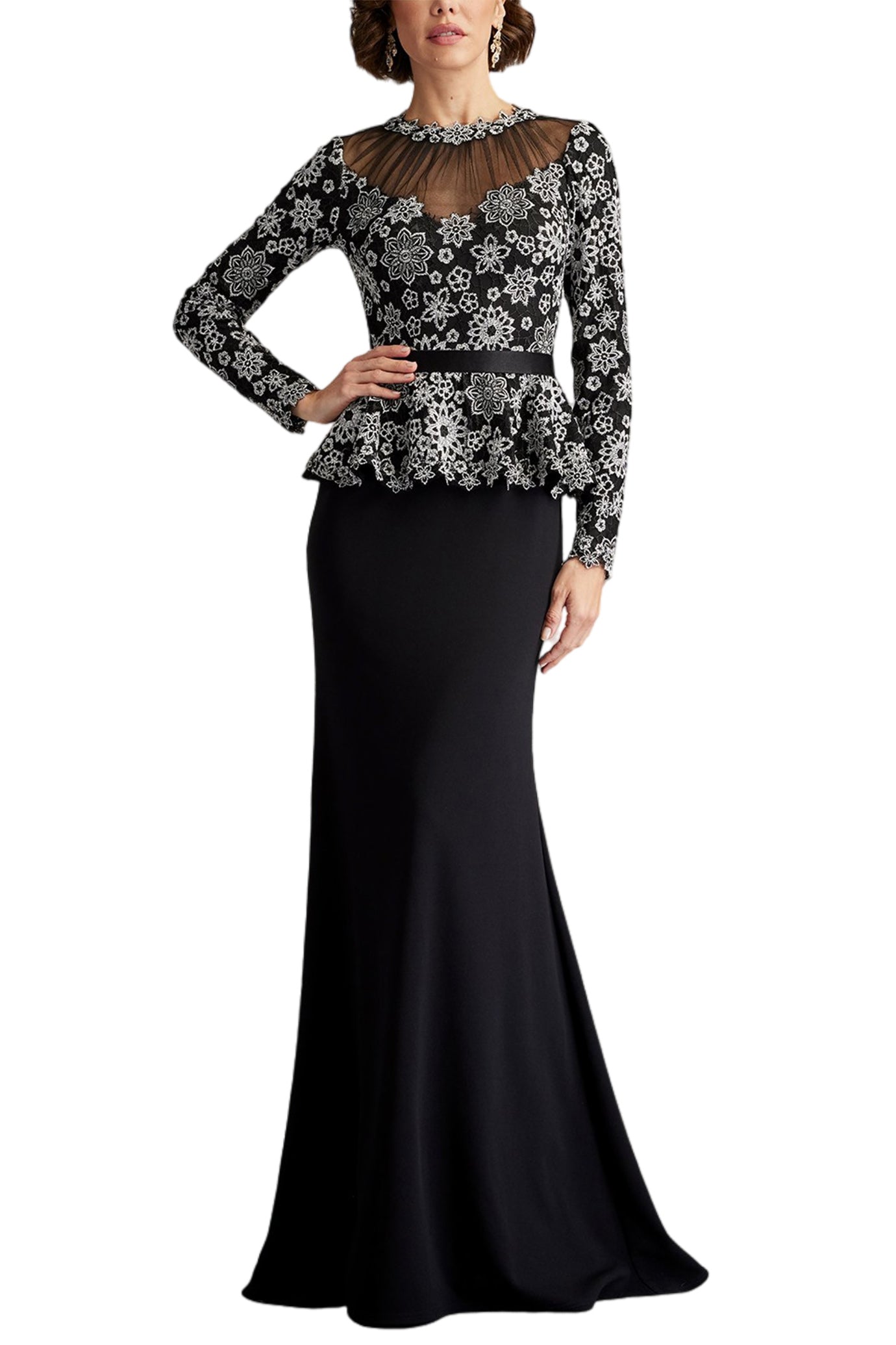 LATA EMBROIDERED BELTED PEPLUM GOWN