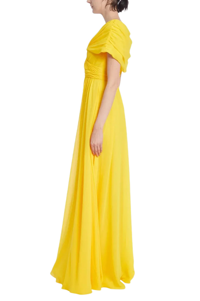 LEMON PLEATED EVENING GOWN WITH RUCHED BODICE