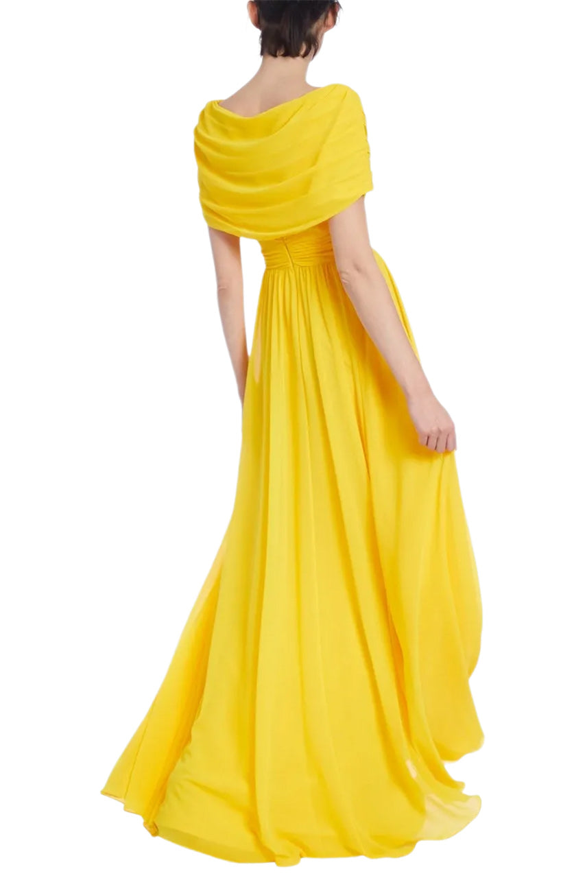 LEMON PLEATED EVENING GOWN WITH RUCHED BODICE