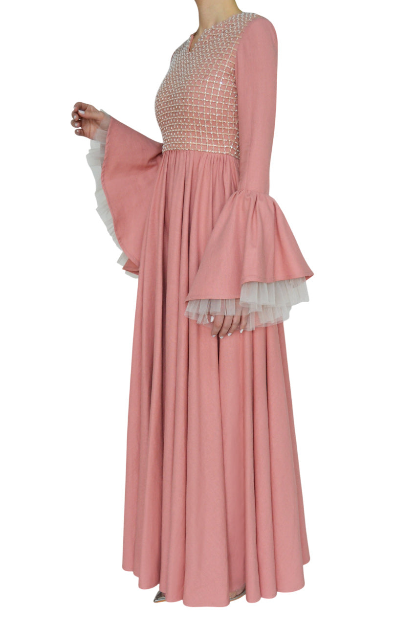 LINEN CAFTAN WITH GRID EMBROIDERY