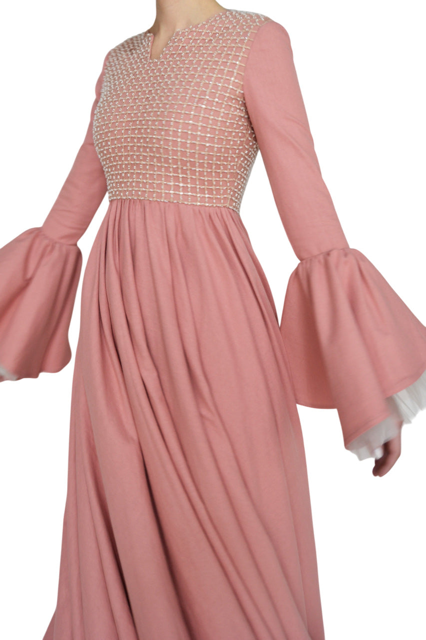 LINEN CAFTAN WITH GRID EMBROIDERY