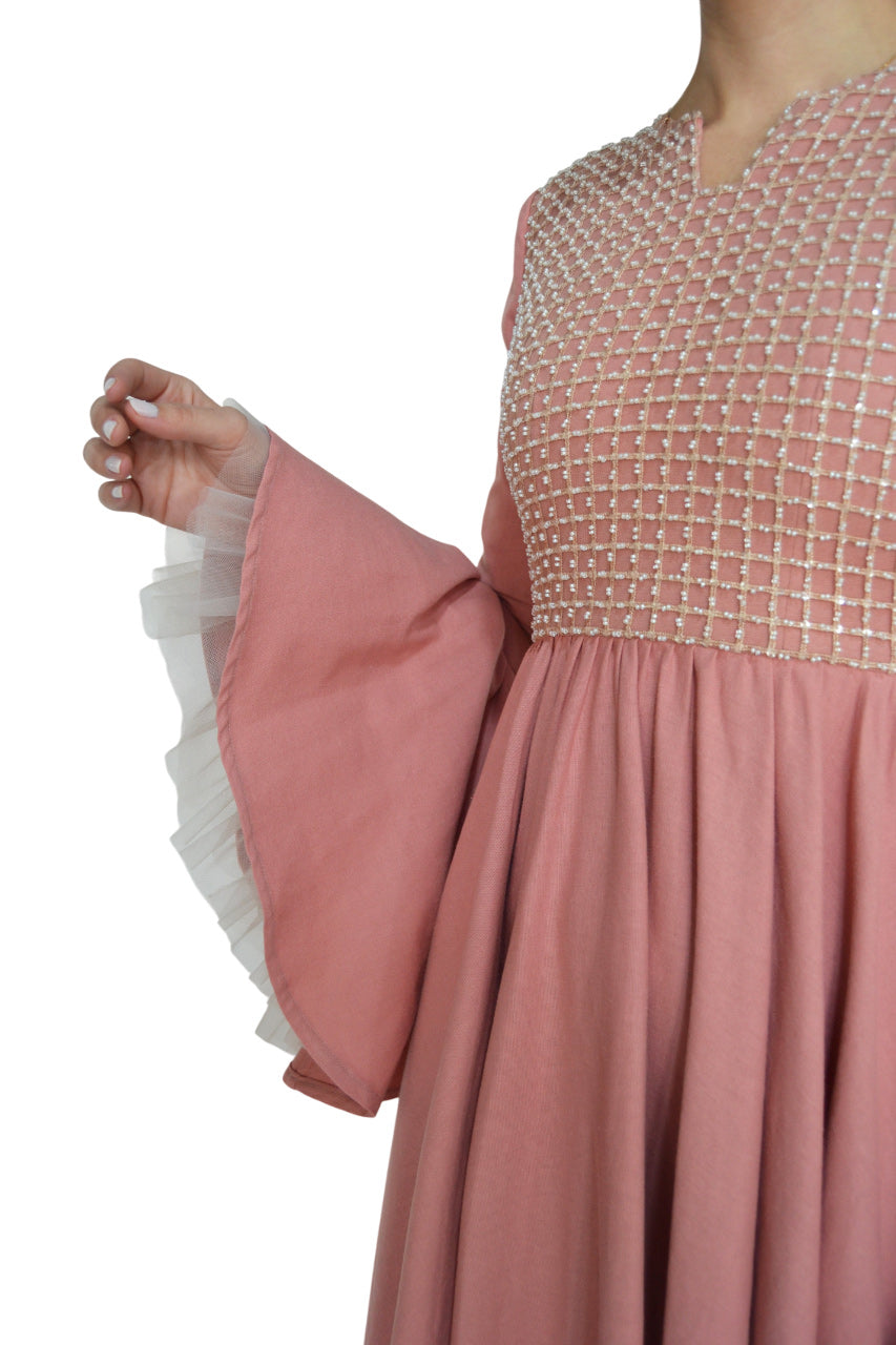 LINEN CAFTAN WITH GRID EMBROIDERY