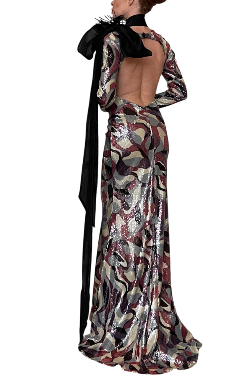 LONG-SLEEVED MERMAID DRESS WITH NECK BOW