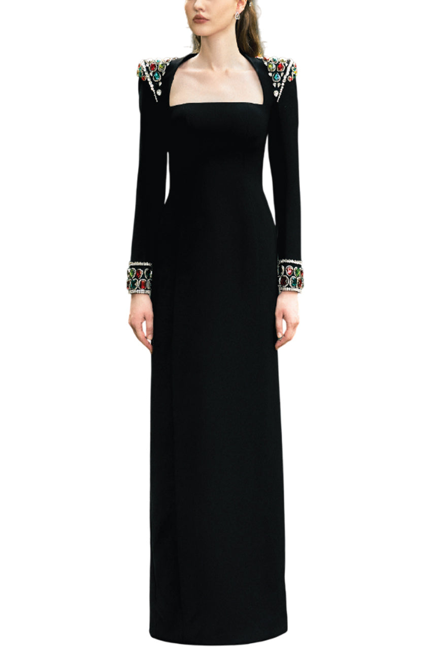 LONG SLEEVE STONE EMBELLISHED SHOULDER DRESS