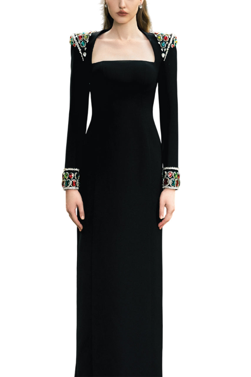 LONG SLEEVE STONE EMBELLISHED SHOULDER DRESS