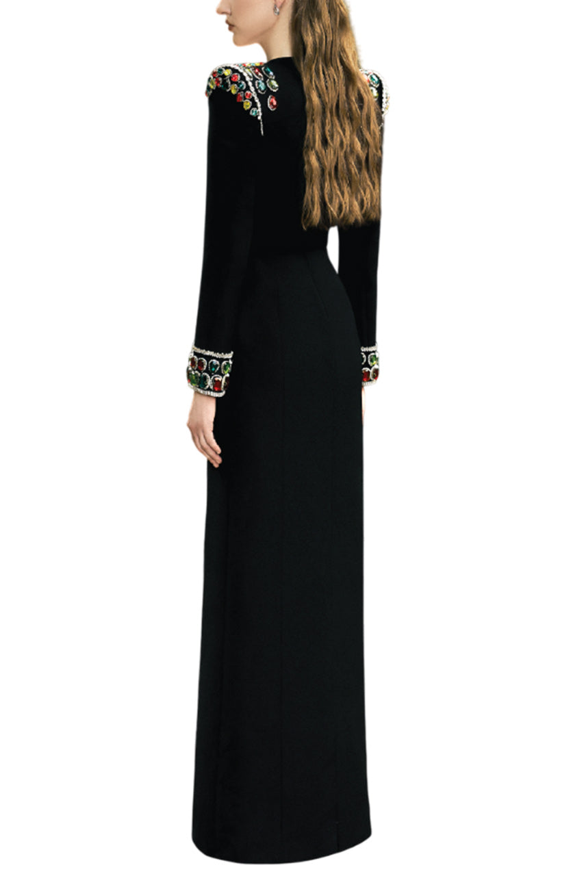 LONG SLEEVE STONE EMBELLISHED SHOULDER DRESS