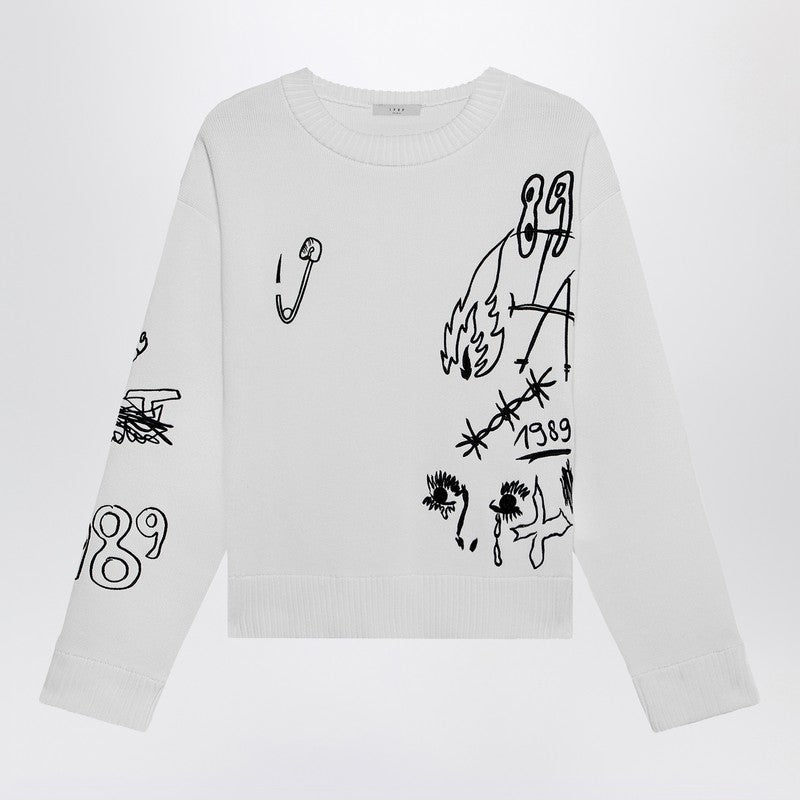 Embroidery Crop Knit Round Neck White