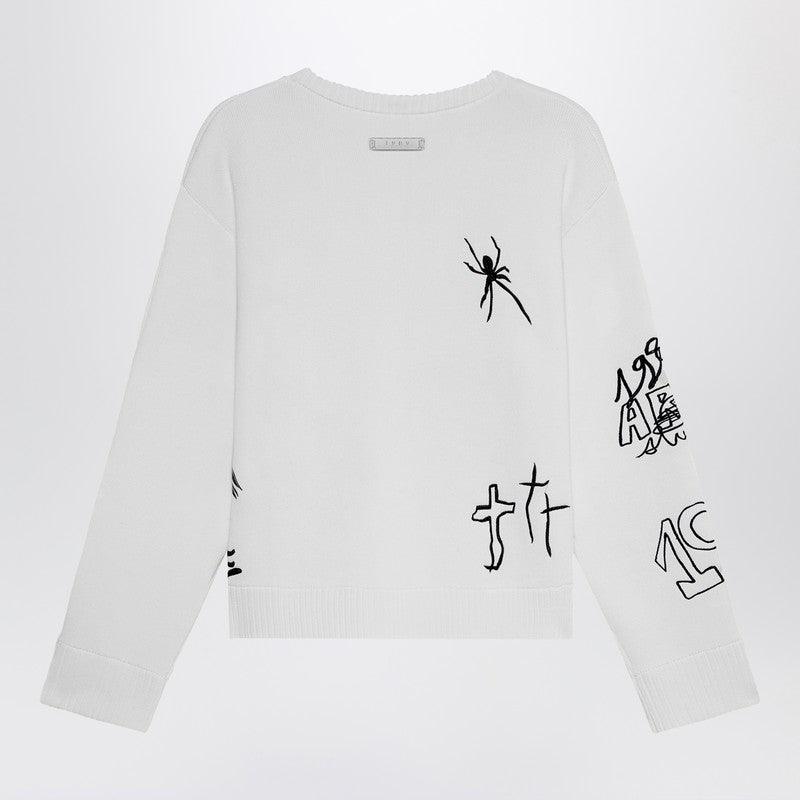 Embroidery Crop Knit Round Neck White
