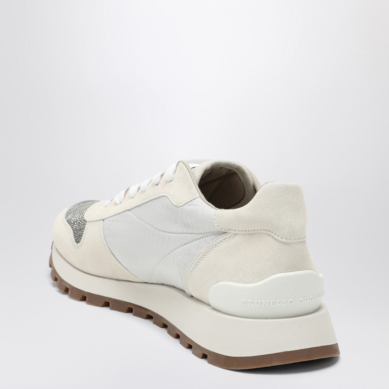 White nylon and suede trainer