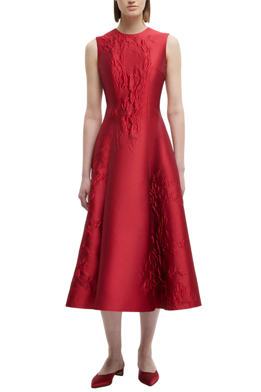 MARA DRESS IN RED GRAPHIC ROSE JACQUARD
