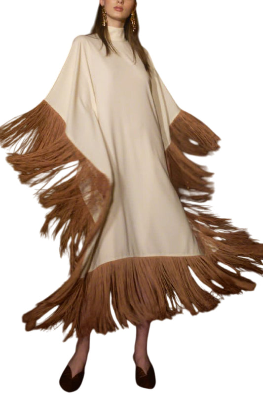 MAYA DRESS IN CREAM WITH BROWN TASSELS