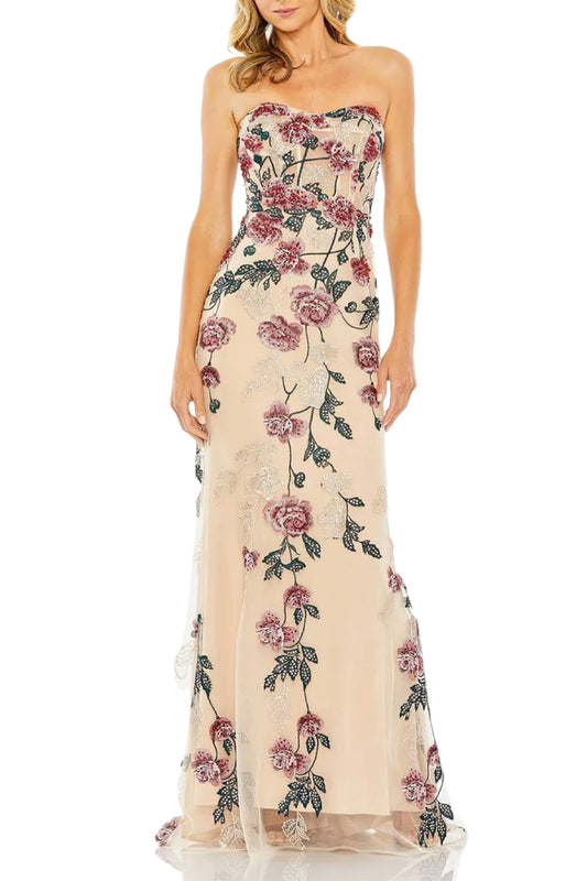 MULTICOLORED FLORAL-EMBOSSED STRAPLESS LONG GOWN