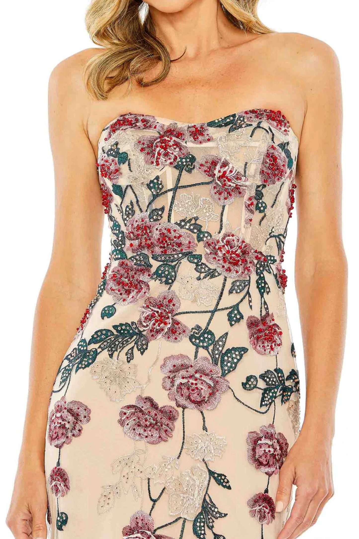 MULTICOLORED FLORAL-EMBOSSED STRAPLESS LONG GOWN