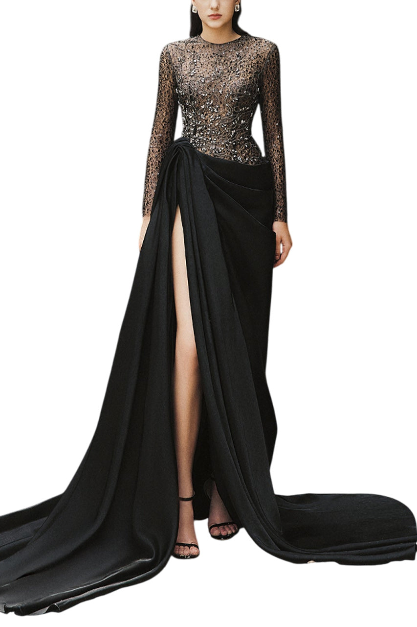 MYRA SLIT SEE-THROUGH TAFFETA EXTRA LONG LENGTH DRESS