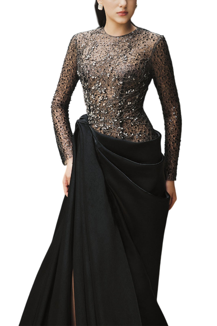 MYRA SLIT SEE-THROUGH TAFFETA EXTRA LONG LENGTH DRESS
