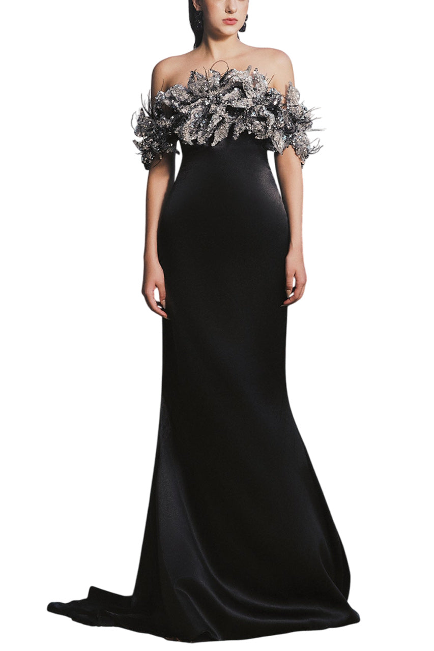 NICOLE TRUMPET OFF-SHOULDER SILK EXTRA LONG LENGTH DRESS