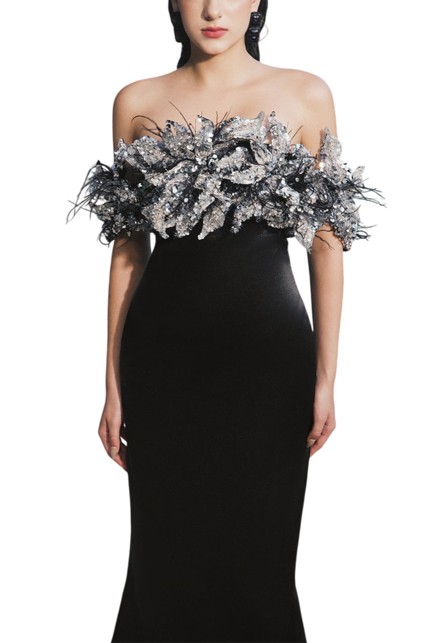 NICOLE TRUMPET OFF-SHOULDER SILK EXTRA LONG LENGTH DRESS