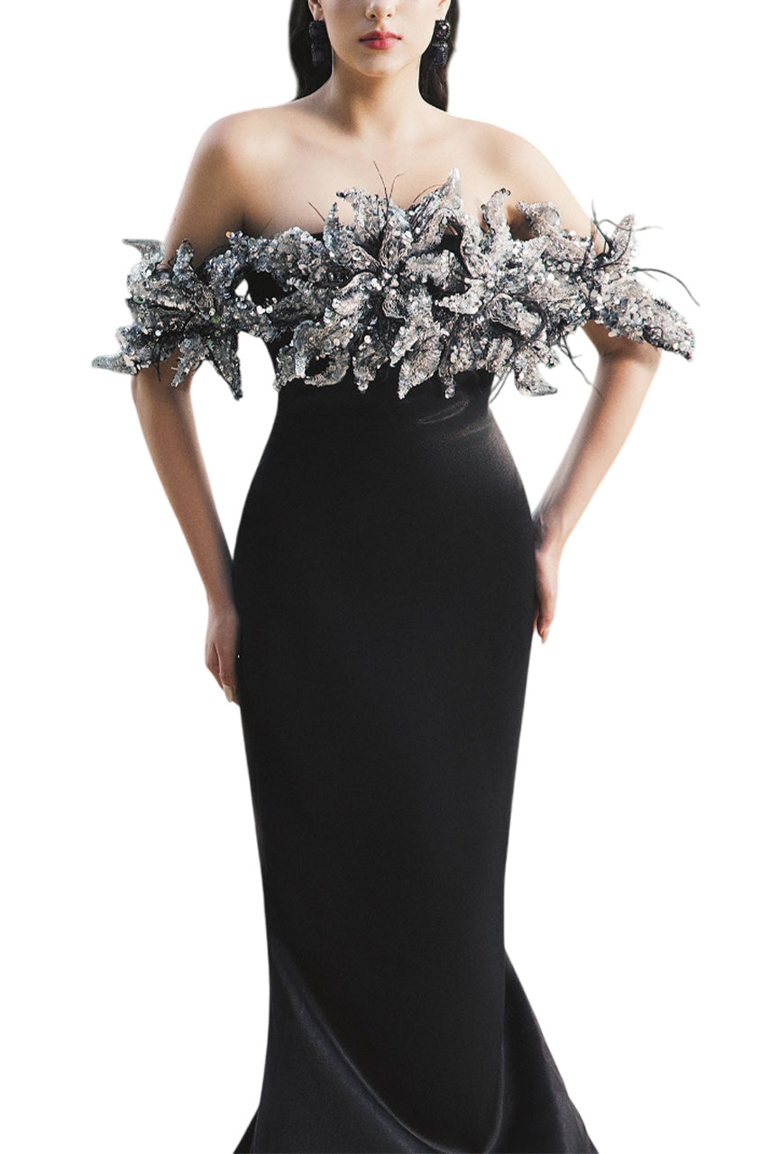 NICOLE TRUMPET OFF-SHOULDER SILK EXTRA LONG LENGTH DRESS
