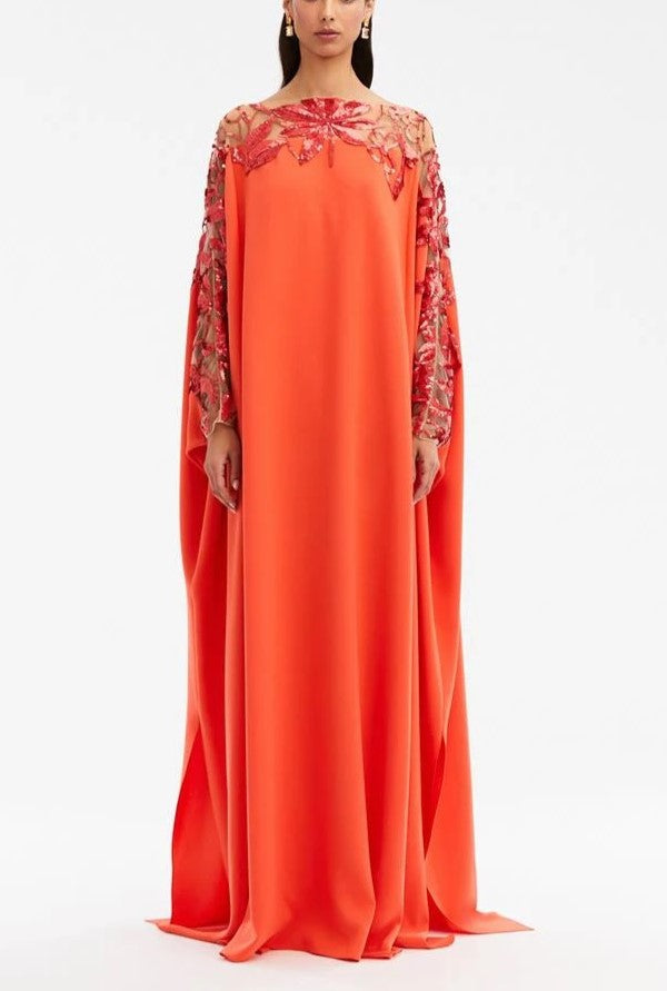 SEQUIN EMBROIDERED ILLUSION NECK & SLEEVE CAFTAN