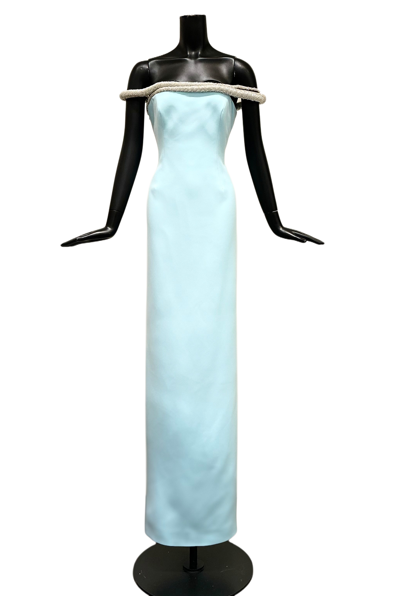 OFF-SHOULDER CREPE CRYSTALLIZED MAXI DRESS