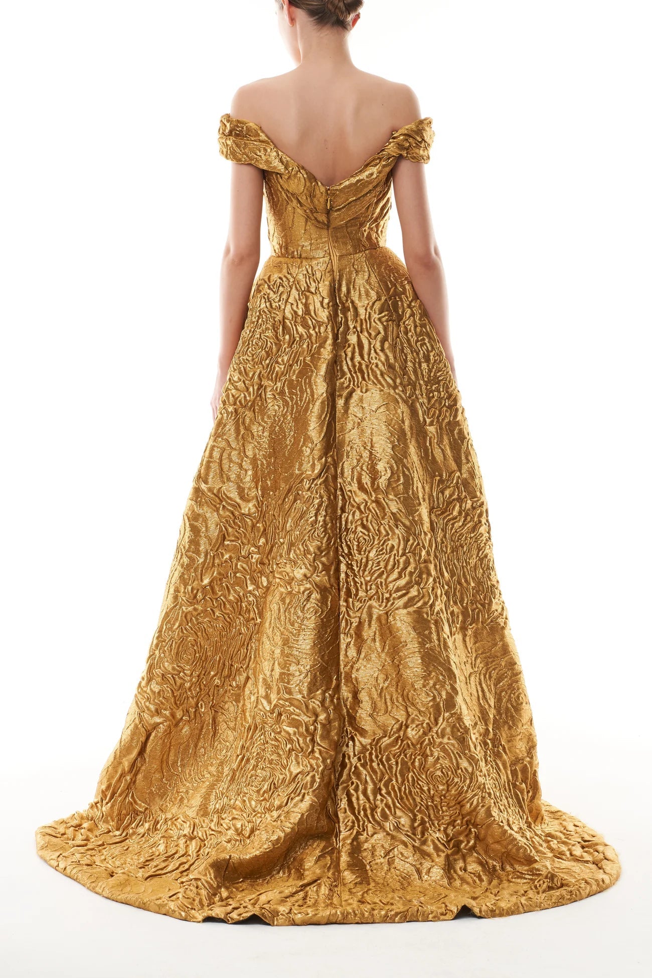 OFF-THE-SHOULDER GOLD JACQUARD BALLGOWN