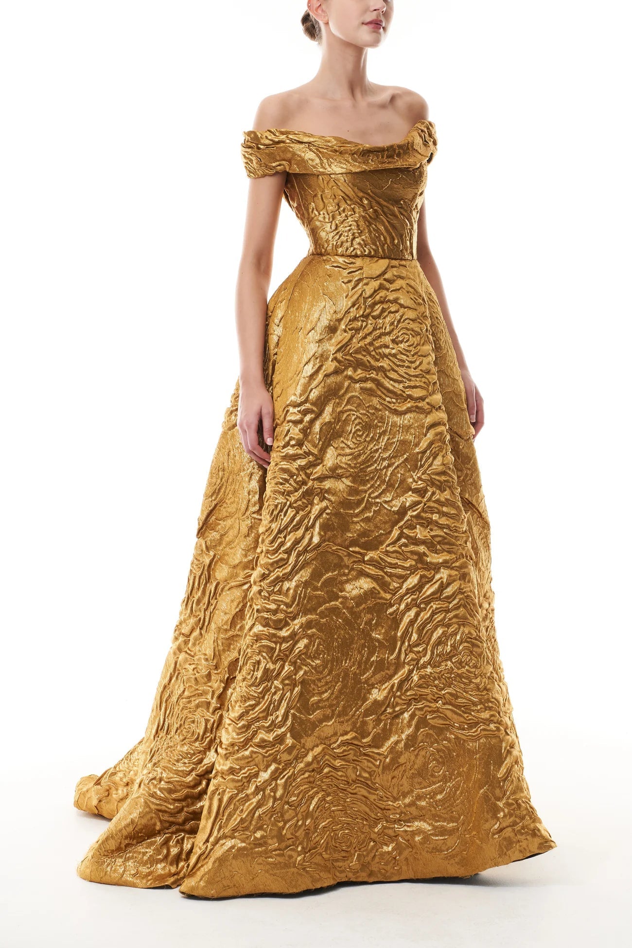 OFF-THE-SHOULDER GOLD JACQUARD BALLGOWN