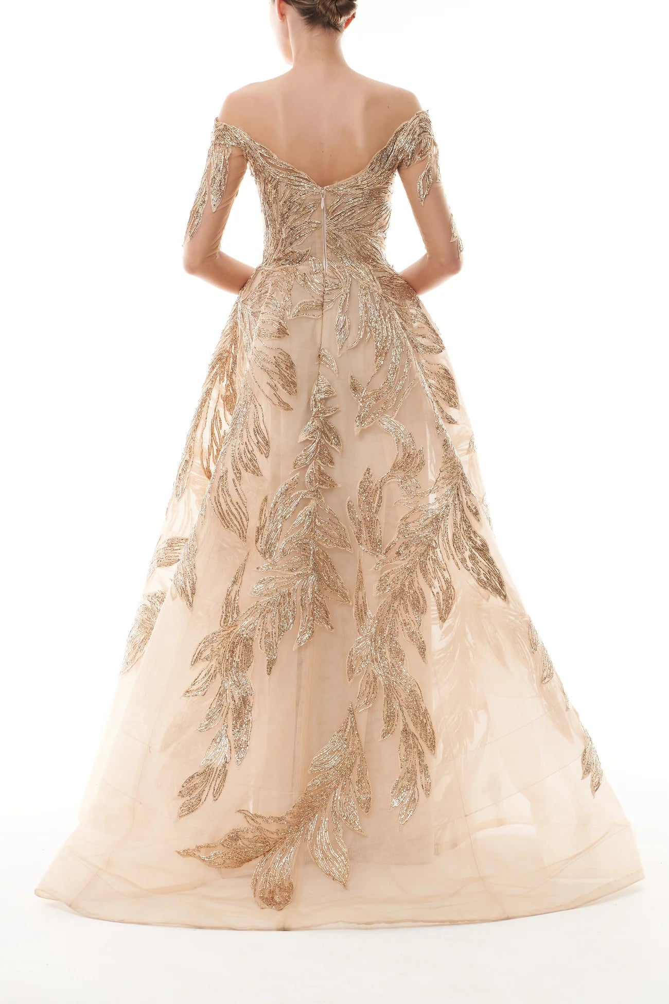 OFF-THE-SHOULDER ILLUSION SLEEVE BALLGOWN