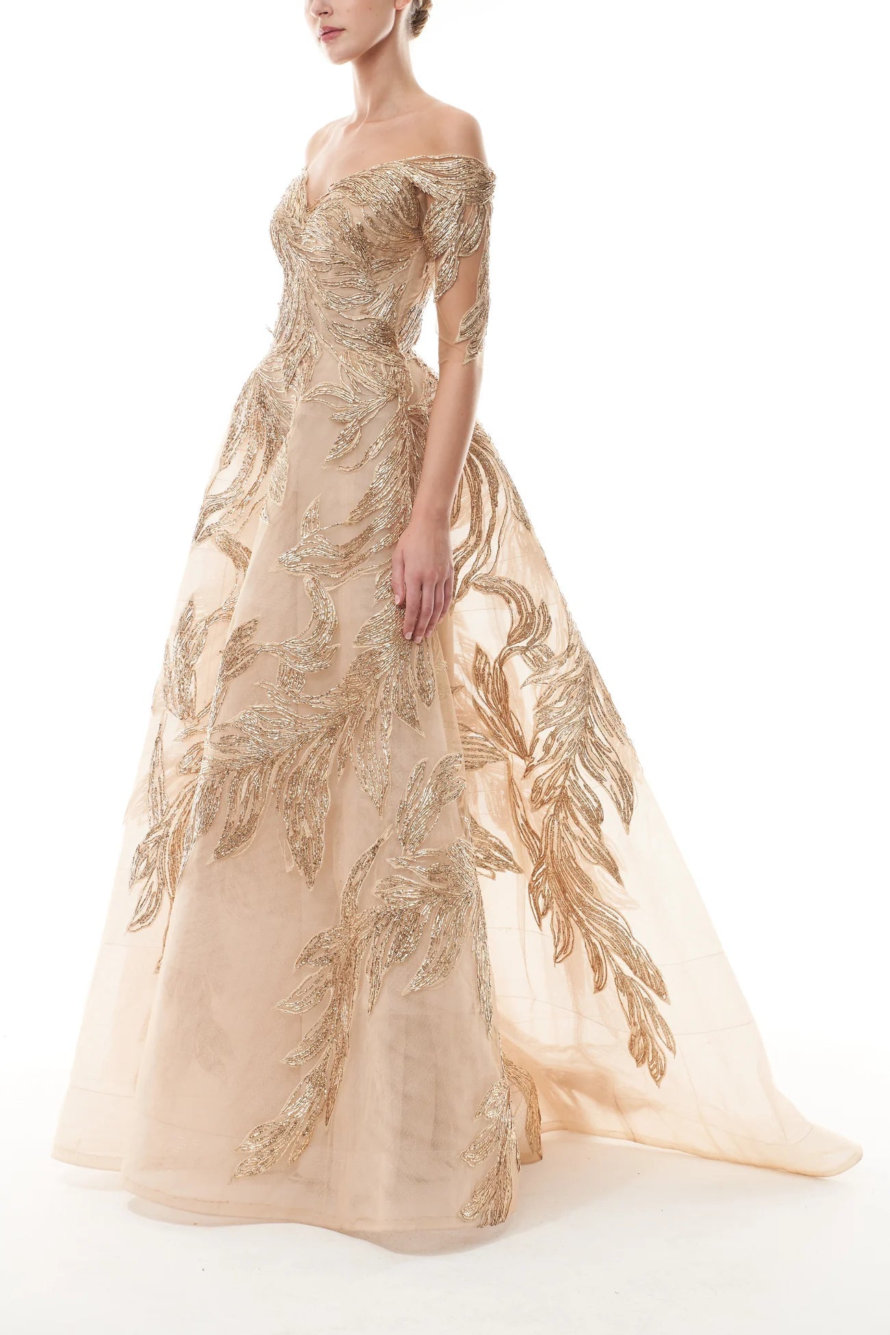 OFF-THE-SHOULDER ILLUSION SLEEVE BALLGOWN