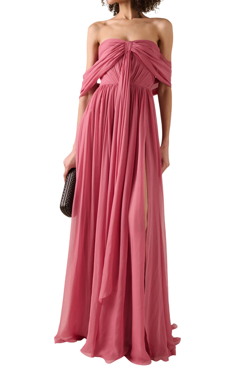OFF-THE-SHOULDER SILK CHIFFON MAXI DRESS