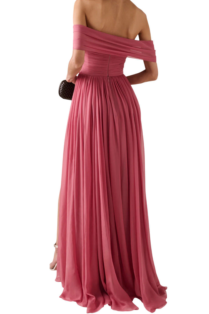 OFF-THE-SHOULDER SILK CHIFFON MAXI DRESS