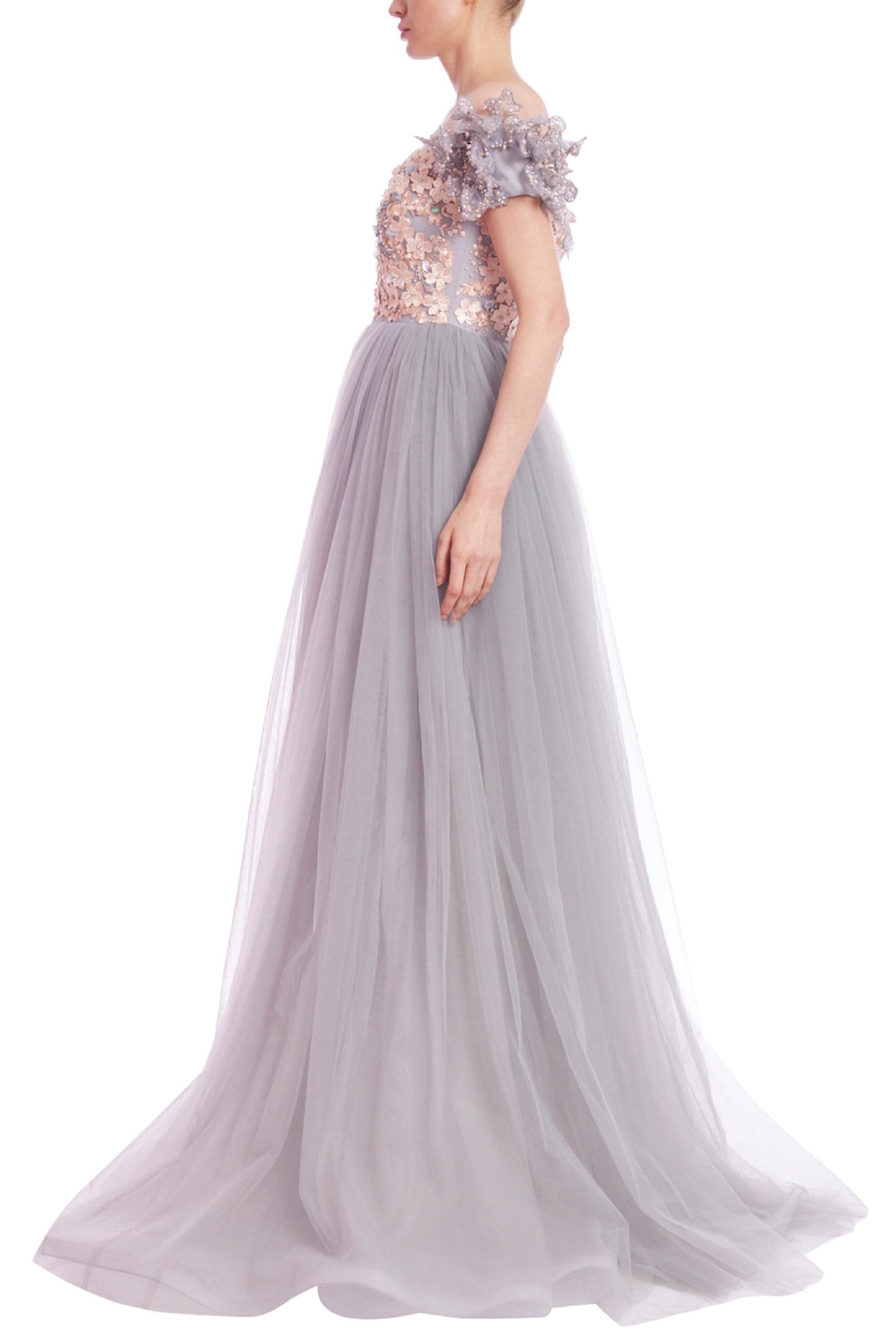 OFF-THE-SHOULDER EMBELLISHED BODICE EMPIRE GOWN