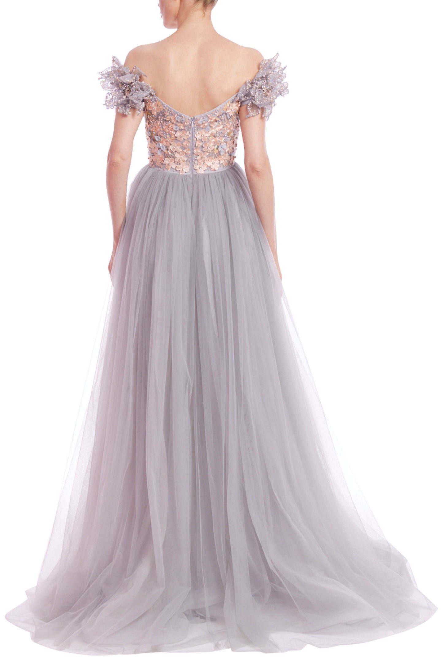 OFF-THE-SHOULDER EMBELLISHED BODICE EMPIRE GOWN