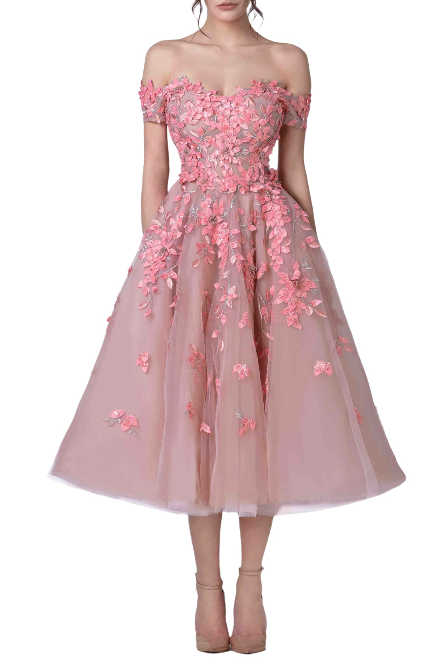 OFF SHOULDER TULLE MIDI