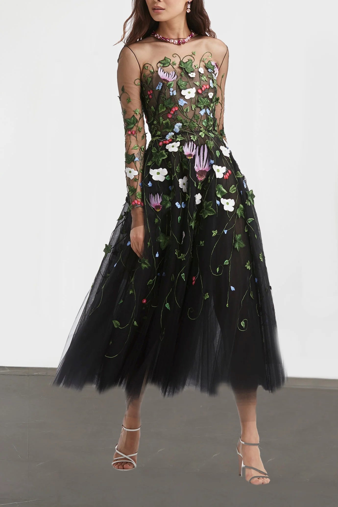 FLORAL THREADWORK MIDI DRESS