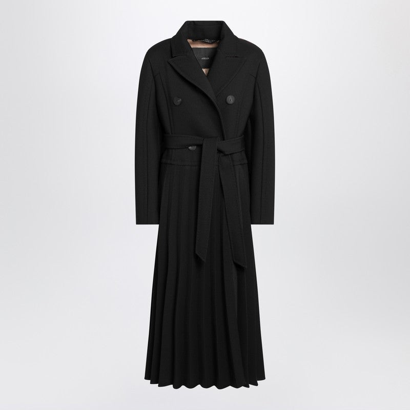 Black pleated redingote coat in technical fabric