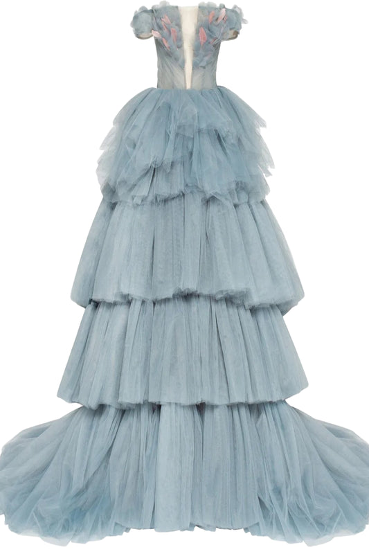 PETAL BODICE TIERED BALL GOWN