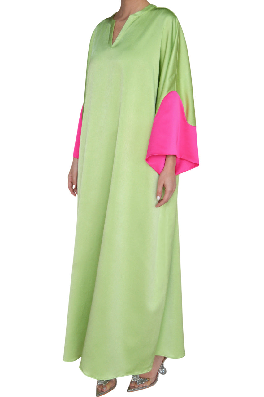 PISTACHIO CREPE CAFTAN WITH FUCHSIA SATIN SLEEVES