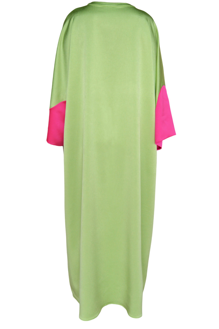 PISTACHIO CREPE CAFTAN WITH FUCHSIA SATIN SLEEVES