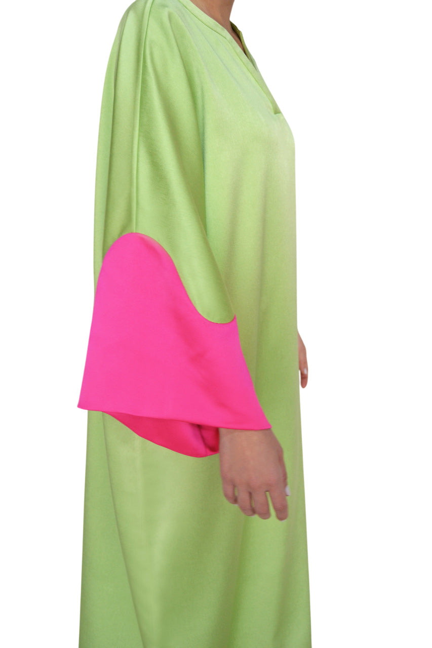 PISTACHIO CREPE CAFTAN WITH FUCHSIA SATIN SLEEVES