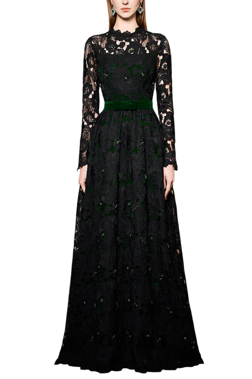 PLEATED LACE AND VELVET GOWN