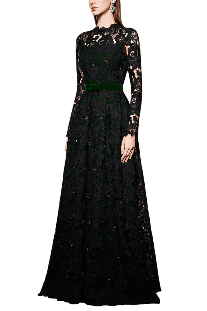 PLEATED LACE AND VELVET GOWN