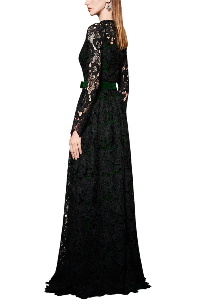 PLEATED LACE AND VELVET GOWN