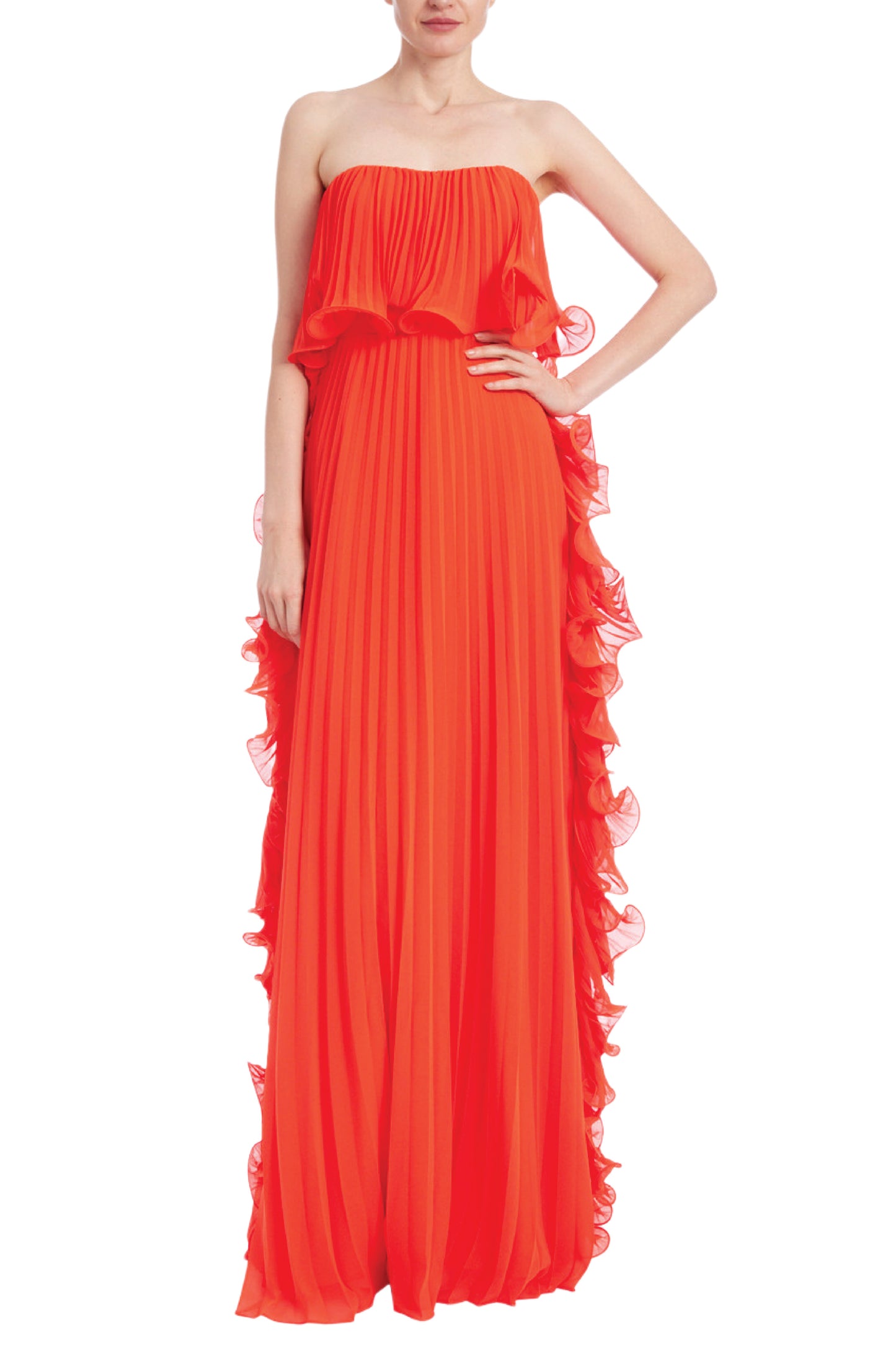 PLEATED STRAPLESS DRESS WITH SIDE RUFFLES