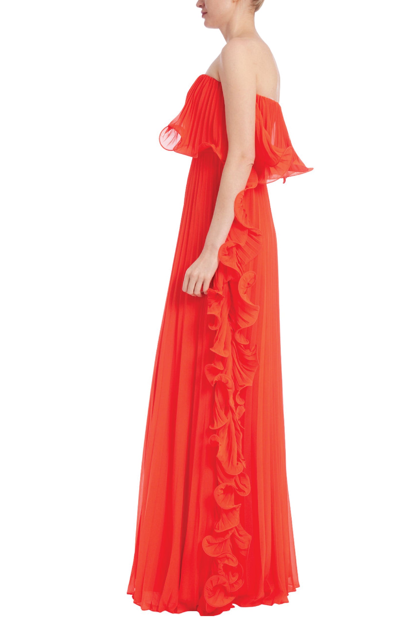 PLEATED STRAPLESS DRESS WITH SIDE RUFFLES