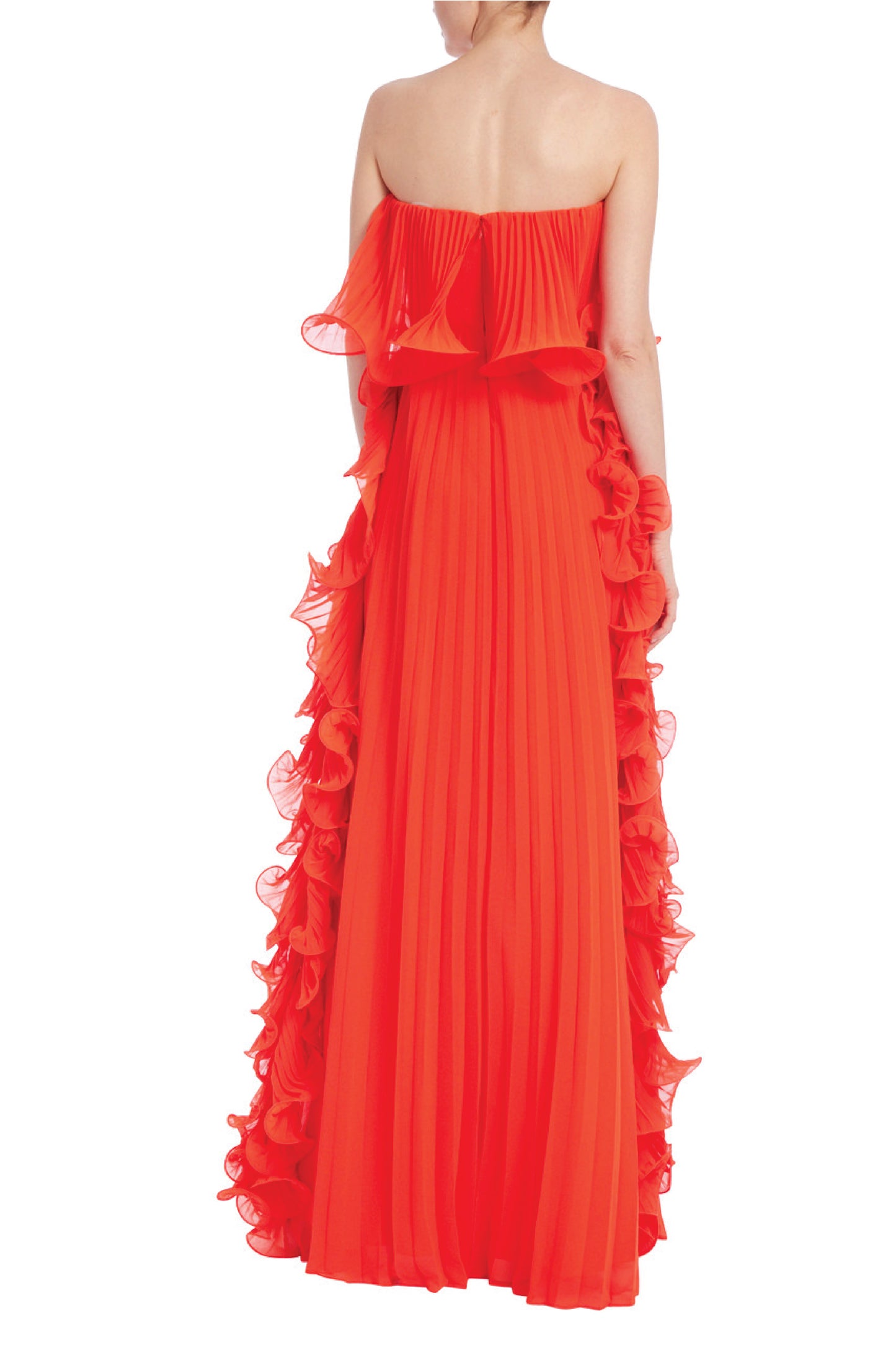 PLEATED STRAPLESS DRESS WITH SIDE RUFFLES