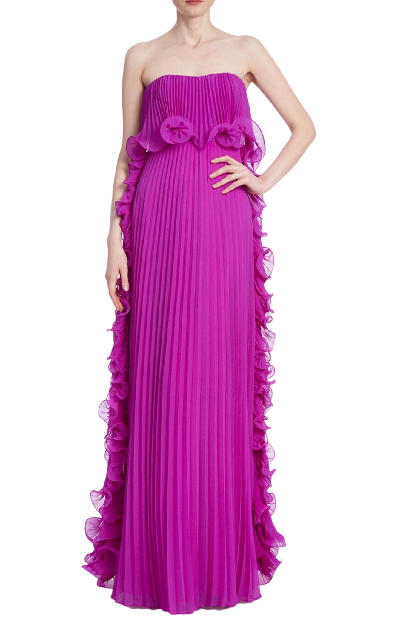 PLEATED STRAPLESS DRESS WITH SIDE RUFFLES