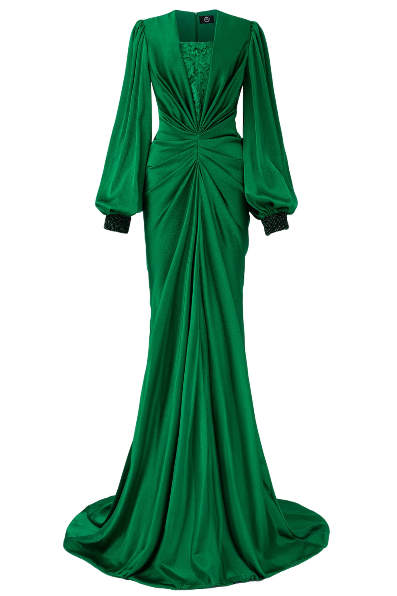 PLUNGE NECKLINE BOUFFANT SLEEVES GATHERED WAIST GOWN