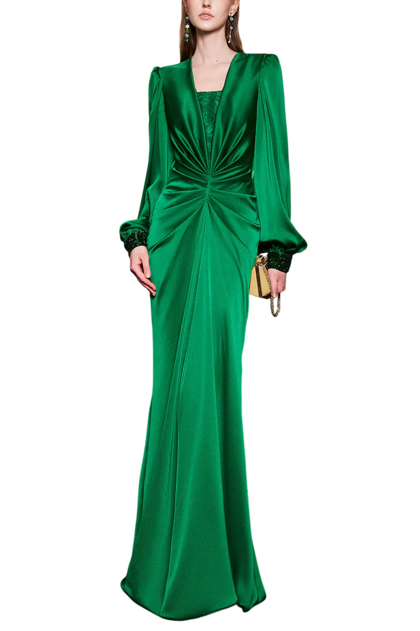 PLUNGE NECKLINE BOUFFANT SLEEVES GATHERED WAIST GOWN